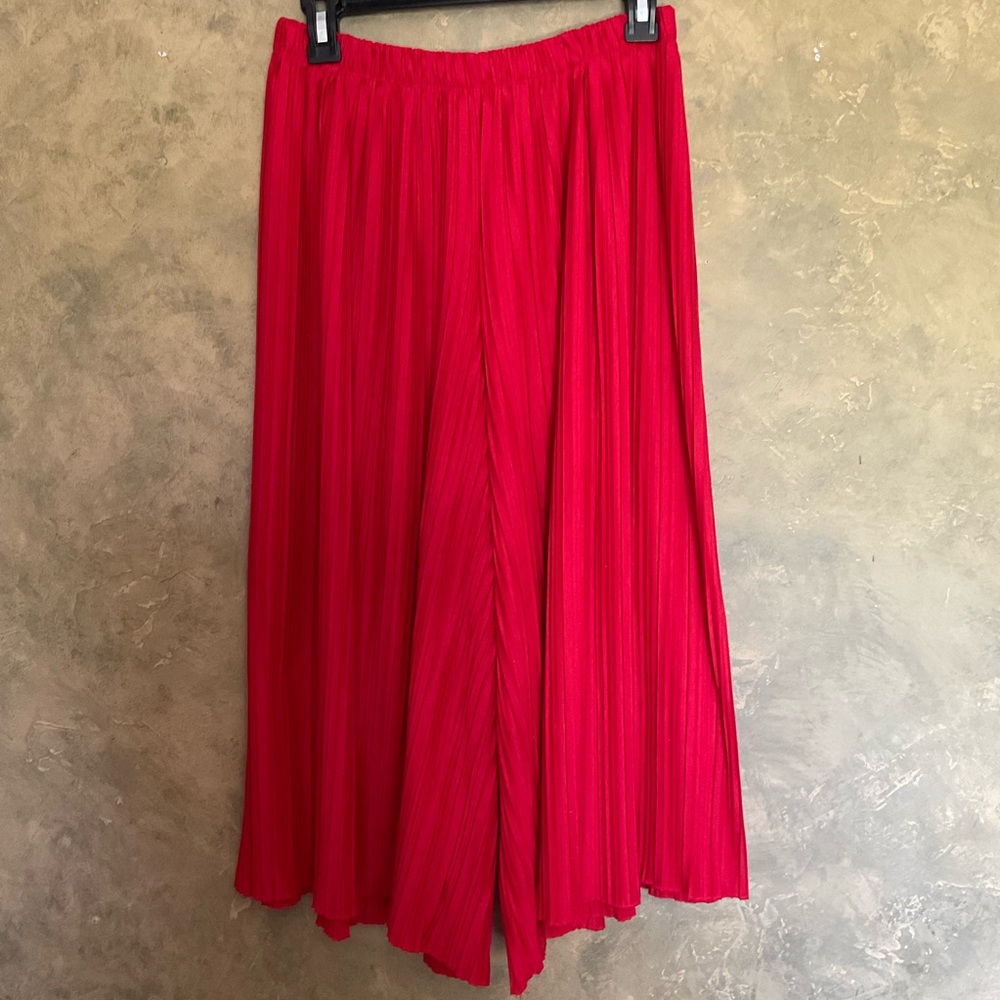 Lefties Red Fine Pleat Wide Leg Palazzo Pants Cropped Culottes Red Theory Small